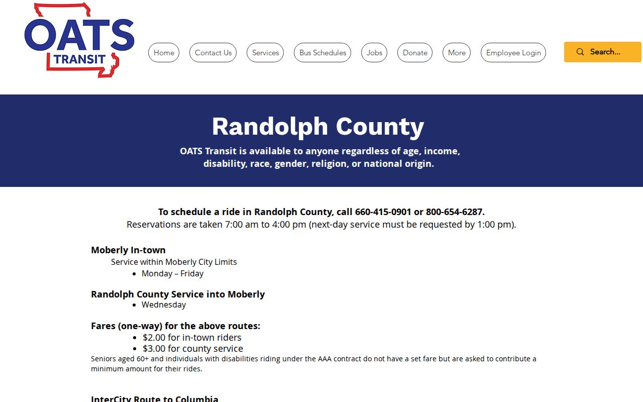 OATS Transit Randolph County service information for prearranged local travel