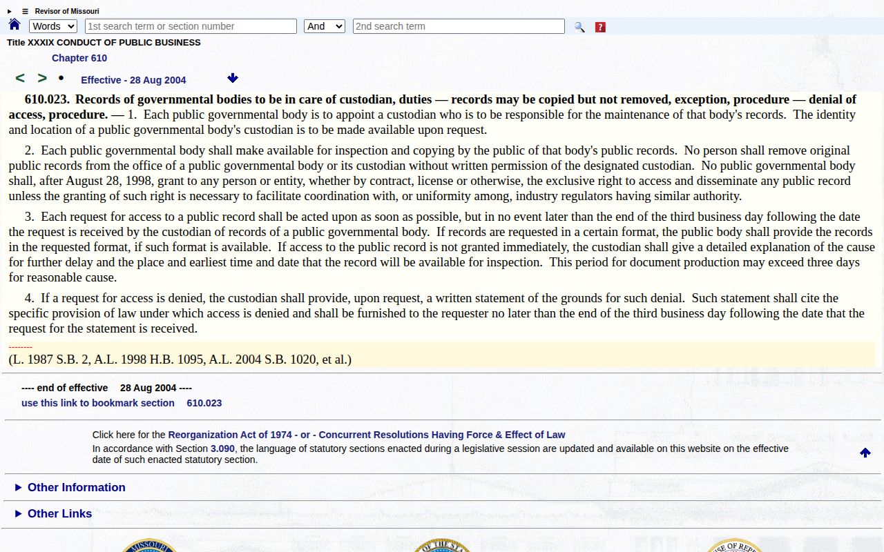 Missouri Sunshine Law custodian and records response statute
