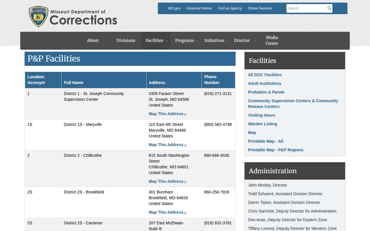 Missouri DOC directory entry for the District 6S Moberly supervision office