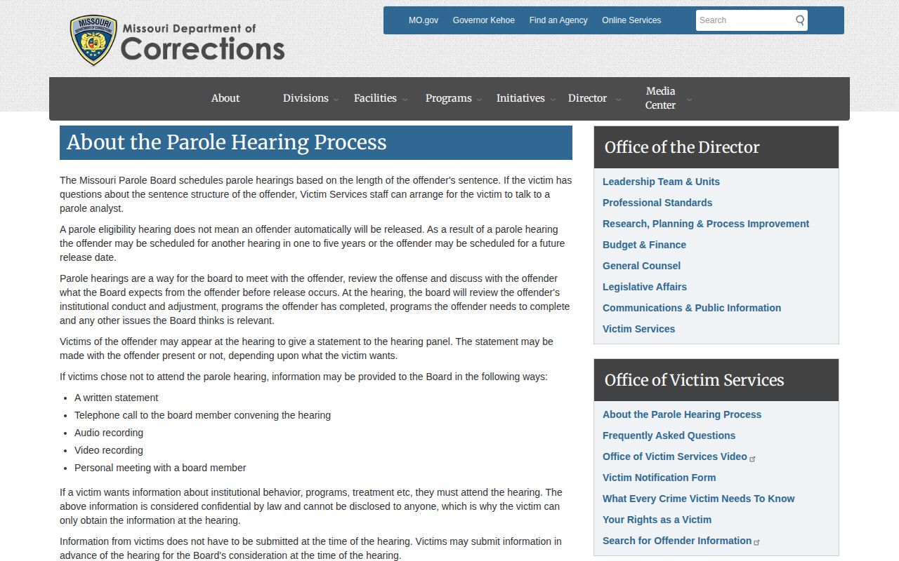 Missouri DOC parole hearing process and decision information