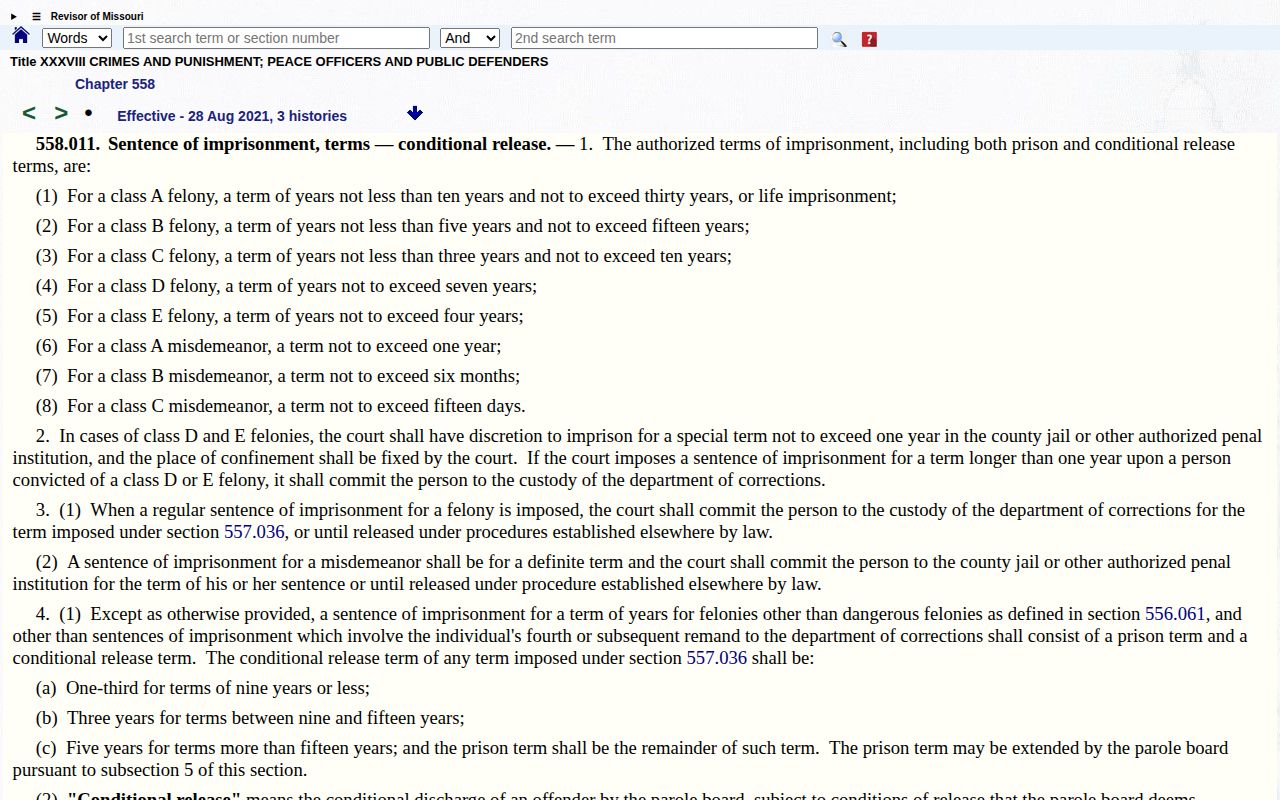 Missouri statute and DOC sentence information used to research projected release dates