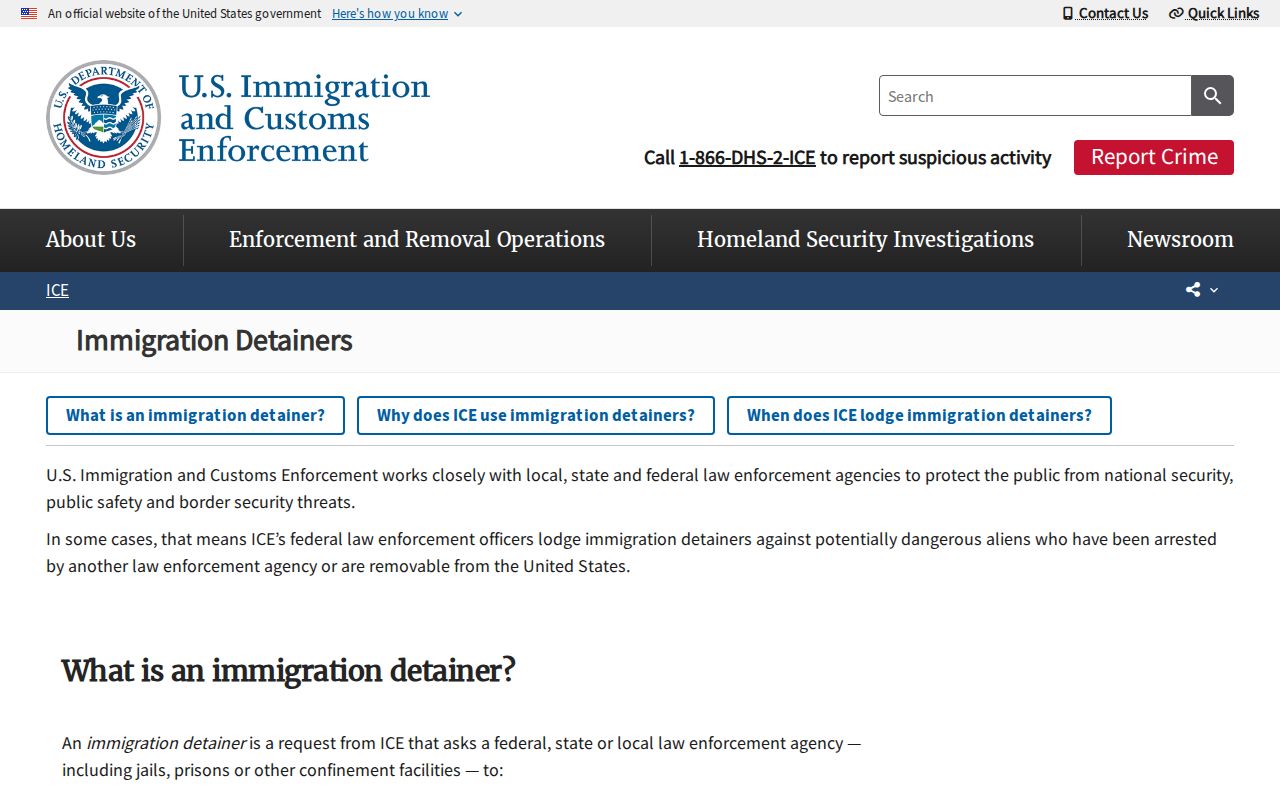 Official ICE immigration detainer guidance relevant to a Randolph County Jail custodial handoff