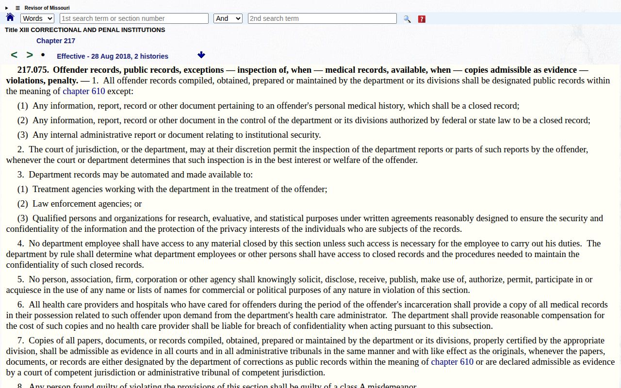 Missouri DOC offender record statute governing access to identification records