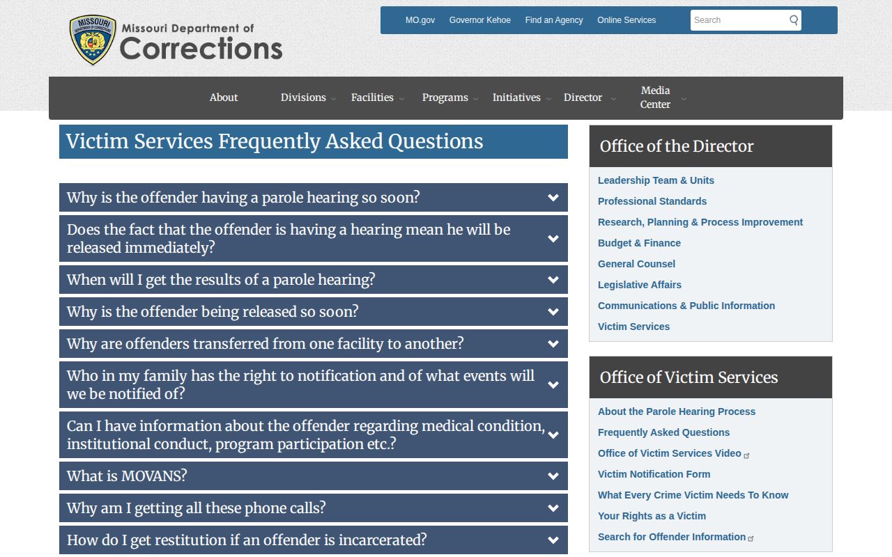 Missouri MOVANS FAQ explaining inmate status notifications and PIN confirmation