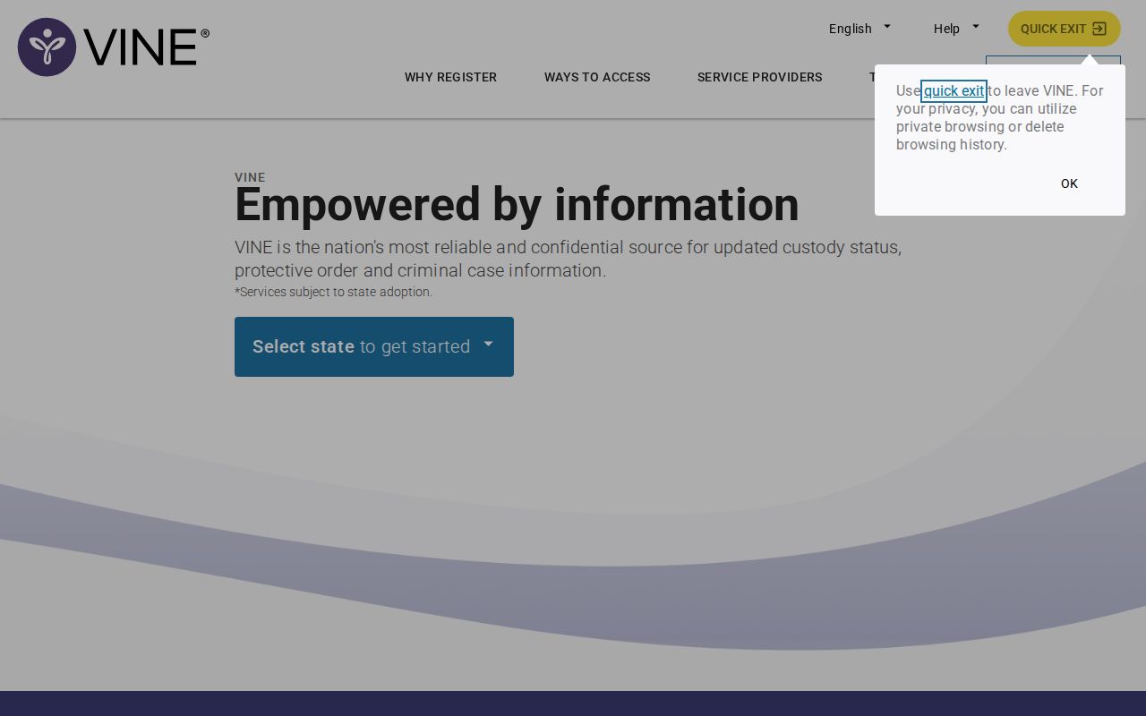 VINELink landing screen used to begin a Missouri inmate status search